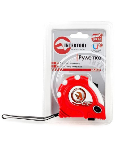 Рулетка с металлическим полотном 3 м x 16 мм"Супер Магнит"blister INTERTOOL MT-0303 Рулетка с металлическим полотном 3 м x 16 мм"Супер Магнит"blister INTERTOOL MT-0303