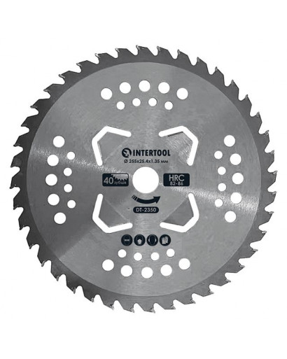 Ніж для мотокоси, тримера з твердосплавними напайками ø255х25.4х1.35мм 40T, HRC 82-86, 4 підрізні лопаті INTERTOOL DT-2350