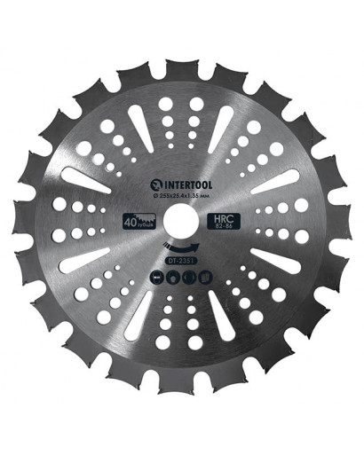Ніж для мотокоси, тримера з твердосплавними напайками ø255x25.4x1.35мм 40T, HRC 82-86, двосторонній INTERTOOL DT-2351