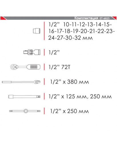 Набір інструментів професійний 1/2", 25 од. (гол. 10-32 мм) INTERTOOL ET-6025