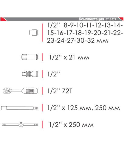 Набір інструментів професійний 1/2", 26 од. (гол. 8-32 мм) INTERTOOL ET-6027