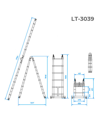 Драбина з алюмінію, універсальна, розкладна, телескопічна 12 сход., 3,85 м INTERTOOL LT-3039