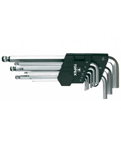 Ключи шестигранные длинные 1.5-10 мм 9 шт шаровидные наконечники с рабочим углом 30° CrV TOPEX